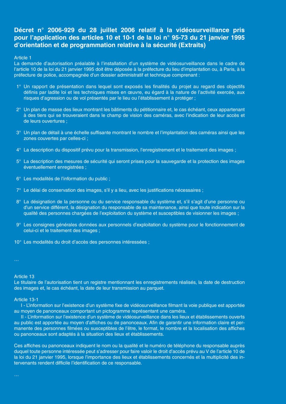 Registre de video surveillance Extrait du décret N 2006929 relatif à la VidéoSurveillance Registre de video surveillance Extrait du décret N 2006929 relatif à la VidéoSurveillance